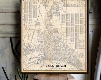 Old map of Long Beach - Vintage city plan restored, wall map reproduction, two versions, available on paper or canvas