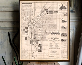 Map of Denver - Old city plan restored -  Wall map of Denver archival reproduction on paper or canvas