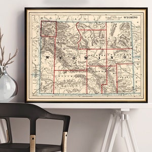Carte du Wyoming - carte vintage du Wyoming fine impression giclée sur papier ou toile