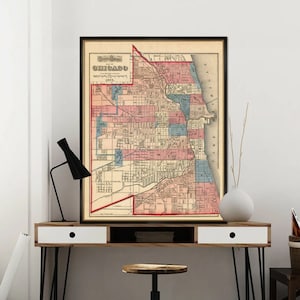 Mappa vintage di Chicago, mappa storica di Windy City del 1873, riproduzione d'archivio, regalo di arredamento industriale