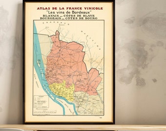 Bordeaux wine map,  Blayais - Côtes de Blaye, Bourgeais - Côtes de Bourg, vintage wine map poste, France wine regions