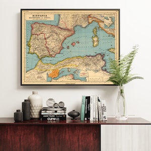 Carte de l'Espagne - Ancienne carte de la péninsule ibérique et de la Mauritanie - Grande carte imprimée sur papier ou sur toile