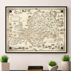 Pictorial map of Europe - Vintage map in sepia tones - Large map for wall decor available on paper or canvas