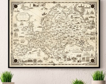 Pictorial map of Europe - Vintage map in sepia tones - Large map for wall decor available on paper or canvas