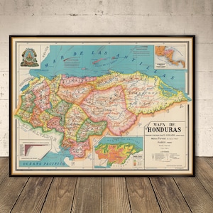 Mapa de Honduras - Mapa antiguo de archivo impreso en papel o lienzo