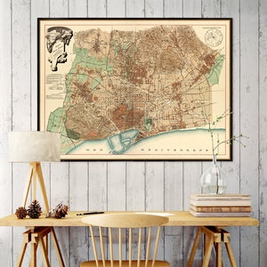 Mapa antiguo de Barcelona - Mapa histórico de Barcelona - Mapa mural - Reproducción de archivo de mapa grande en papel o lienzo