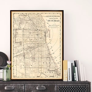 Carte de Chicago - Ancienne carte de Chicago en tons sépia, grande carte sur papier ou toile