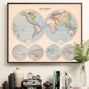 The World, wall map from 1910, world map in hemispheres and polar projections, new home gift, wall decor