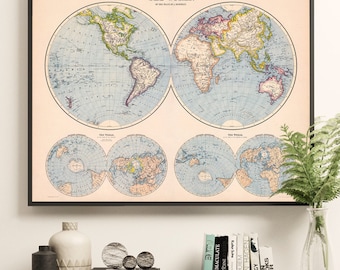 The World, wall map from 1910, world map in hemispheres and polar projections, new home gift, wall decor