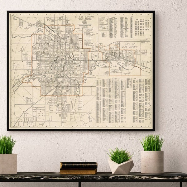 Lansing and East Lansing old map - Large city plan restored - Historical map print on paper or canvas