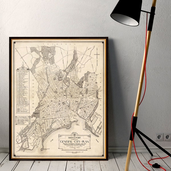 Bridgeport map - Old map of Bridgeport - Beautifully restored map with an antique patina, available on paper or canvas