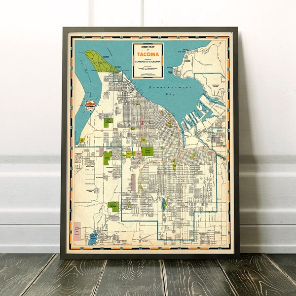 Tacoma Road map from 1947, vintage map restored, Grit City map, fine print, wonderful design, great gift idea