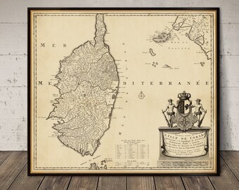 Corsica map  - Vieille carte de la Corse - Large wall map print on paper or canvas