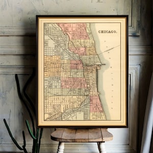 Kaart van Chicago uit 1885, gerestaureerde kaart, digitaal verbeterd, historische kaart voor wanddecoratie