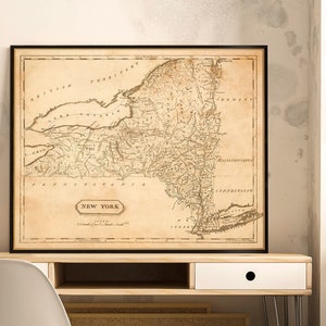 Mappa dello stato di New York, riproduzione di una vecchia mappa in stile vintage, meravigliosa planimetria della città, patina seppia, decorazione per inaugurazione della casa