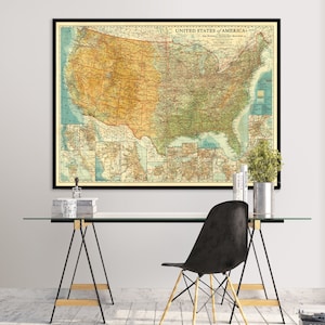 carte vintage des États-Unis, grande carte physique, carte géographique à l'ancienne, 35 x 47 pouces