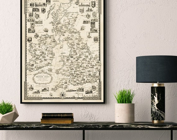 Pictorial map of the British Isles - Vintage map restored - Large wall map in sepia tones, available on canvas or paper