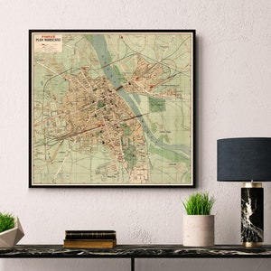 Mapa de Varsovia - Mapa vintage de Varsovia restaurado - Mapa de pared grande impreso en lienzo o papel