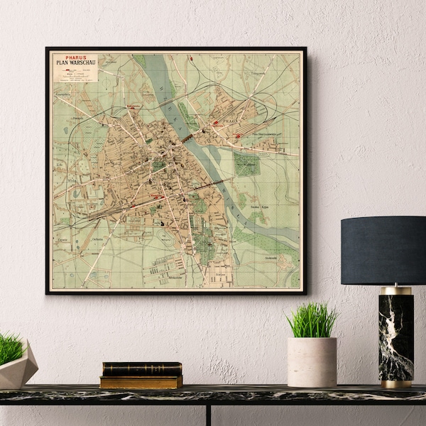 Warsaw map  - Warszawa vintage map restored - Large wall map print on canvas or paper