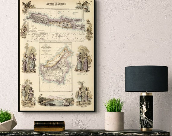 Decorative map of Java and Borneo - Illustrated map print on paper or canvas