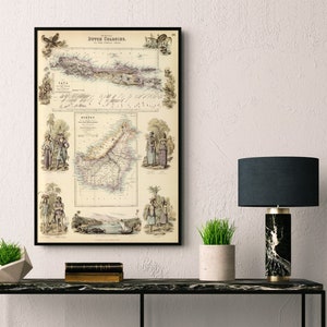 Dekorative Landkarte von Java und Borneo - Illustrierter Kartendruck auf Papier oder Leinwand