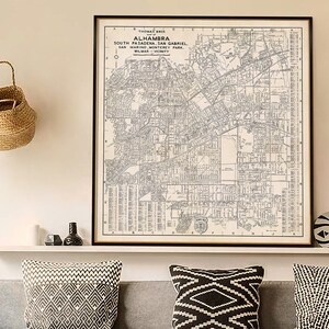 Alhambra, South Pasadena, San Gabriel, Saint-Marin, Monterey Park, Wilmar, grande carte vintage, décoration de style minimaliste