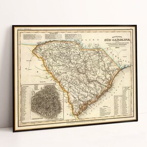 Map of South Carolina, old map reproduction, vintage style decor, American history
