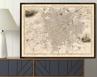 Sheffield old map, restored map from 1851, decorative map print