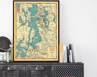 Puget Sound map from 1947, Seattle, Tacoma, Bremerton, middle century map, fully restored, archival print