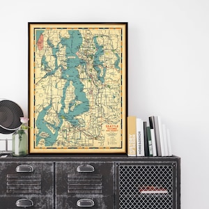 Mappa di Puget Sound del 1947, Seattle, Tacoma, Bremerton, mappa del medio secolo, completamente restaurata, stampa d'archivio