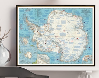 Antarctica vintage map, South Pole expeditions map, showing the routes of Scott, Amundsen and Shackleton, wall map print