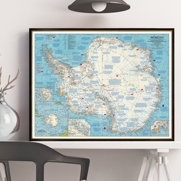Mapa vintage de la Antártida, mapa de expediciones del Polo Sur, que muestra las rutas de Scott, Amundsen y Shackleton, impresión de mapa de pared