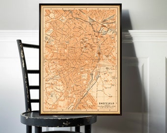 Old map of Sheffield - Decorative city map print, available on paper or canvas