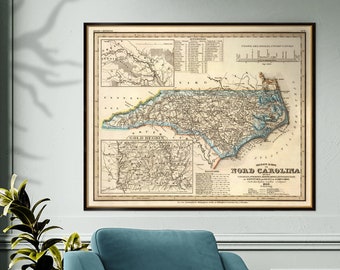 Carte ancienne de la Caroline du Nord, grande carte détaillée de l'État du Nord, affiche de votre pays d'origine pour décoration murale