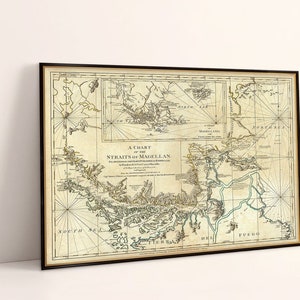 Vecchia mappa dello Stretto di Magellano, Patagonia e Terra del Fuoco, mappa antica restaurata, stampa fine