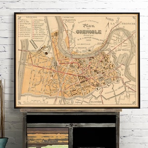 Stara mapa Grenoble, plan de Grenoble, stary plan miasta wydrukowany na papierze lub płótnie,