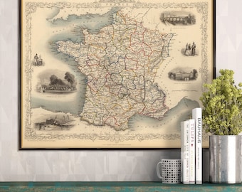 Carte de France, ancienne carte de France avec illustrations, carte classique, décoration murale
