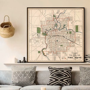 Carte de Fort Wayne, histoire de Fort Wayne, impression de carte murale, idée cadeau déco, impression d'art de style vintage