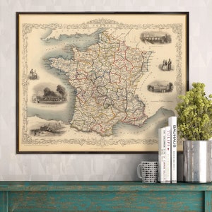 France map, old map of France with illustrations, classical map, wall decor