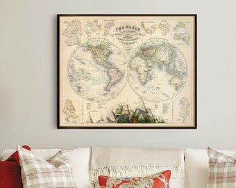 Map of the world in Hemispheres, classic map from 19th century, vintage style decor, wonderful housewarming addition