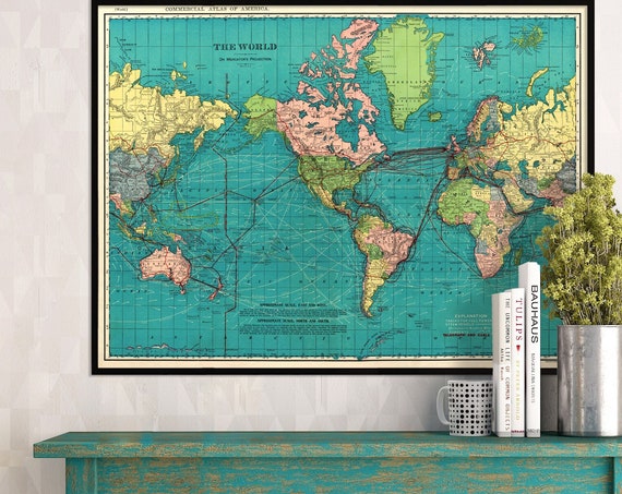 Wonderful map of the World from 1897, vintage wall map poster with ship routes
