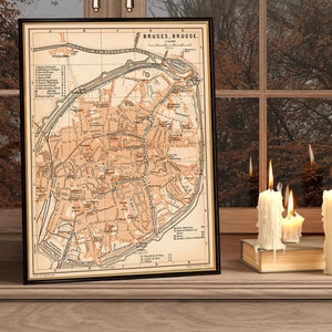 Old map of Bruges, historical city map, wall decor