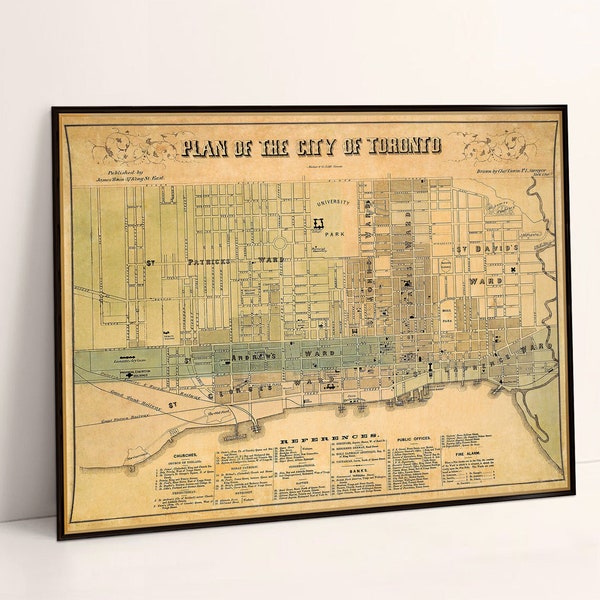 Toronto vintage map restored, wonderful patina, wall map decor, Canadian history
