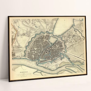 Hamburg map, old city plan of Hamburg from 1841, wonderful map, housewarming decor, archival print