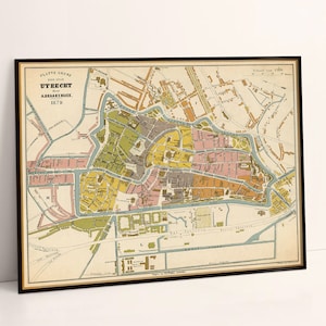 Mappa vintage di Utrecht del 1879, pianta della vecchia città restaurata, mappa murale stampa fine, arredamento della casa