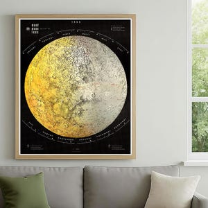 May include: A framed print of the moon's surface, with a yellow and gray color scheme. The print is mounted in a light brown wooden frame and hangs above a gray sofa. The print has a circular design with text around the perimeter.