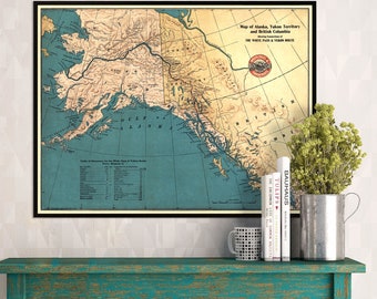 Map of Alaska - Vintage map print - Alaska map - Yukon and British Columbia map - Fine print on paper or canvas