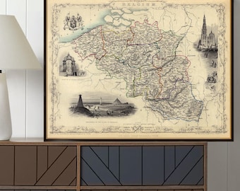 Pode incluir: Um mapa antigo da Bélgica com uma estética vintage. O mapa mostra as províncias da Bélgica com seus nomes e fronteiras. O mapa é cercado por uma moldura preta e tem um título que diz "BÉLGICA".