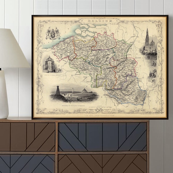 Carte de la Belgique, ancienne carte restaurée, plan de ville vintage, décoration d'art mural, La Belgique au XIXe siècle