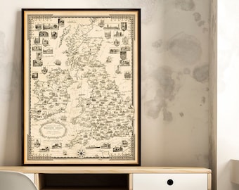 Pictorial map of the British Isles , vintage map restored, restoration hardware style decor